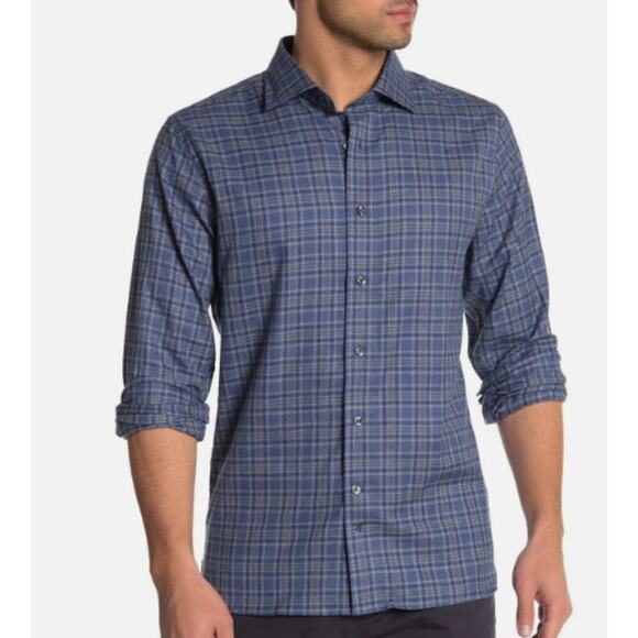 Hickey Freeman Flannel Button Down Shirt Blue Plaid Men's size Large - Picture 1 of 8